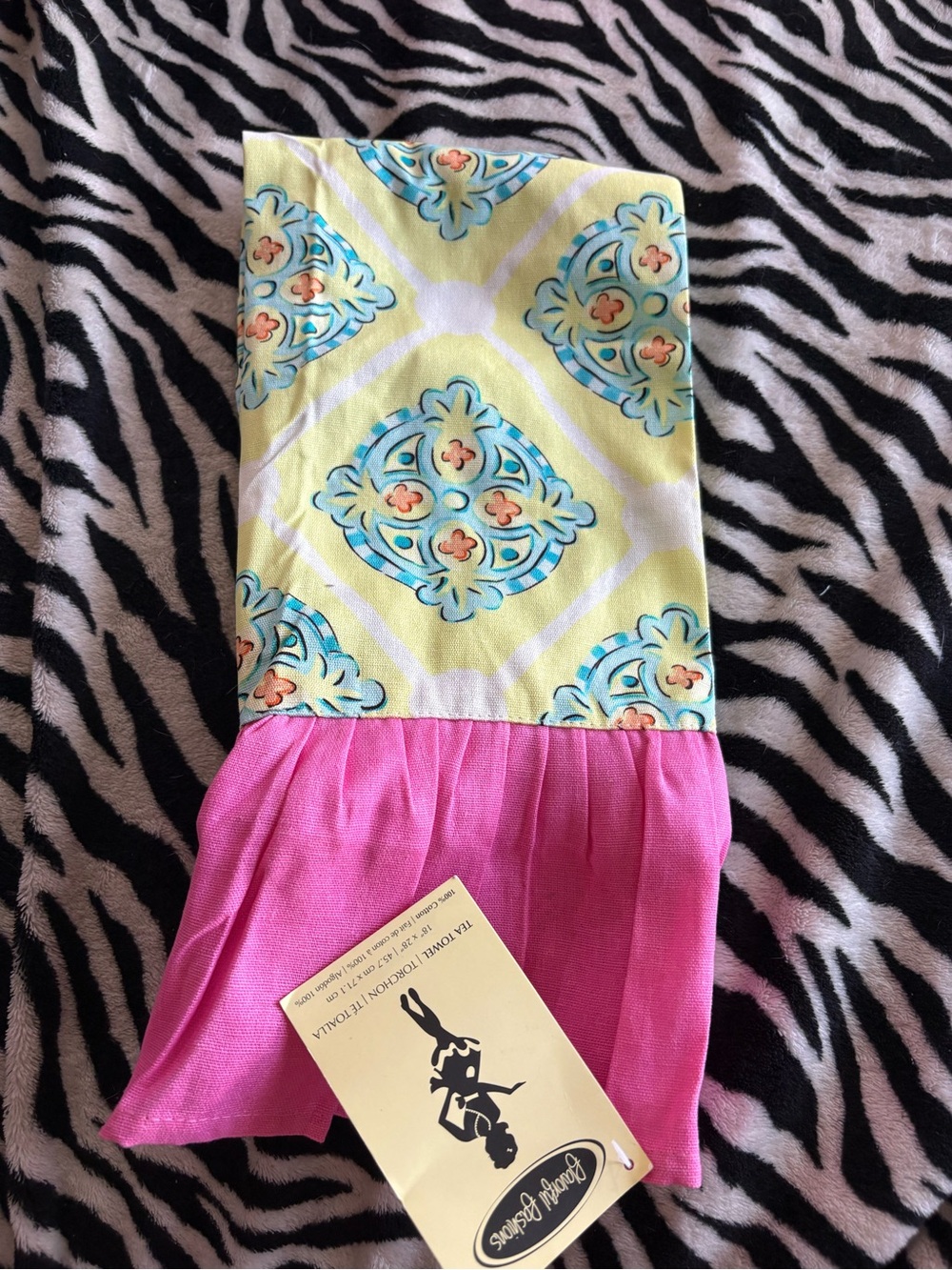 Bright Pink & Yellow Patterned Kitchen Towel with Aqua Accents